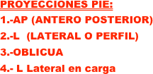 PROYECCIONES PIE: 
1.-AP (ANTERO POSTERIOR)
2.-L  (LATERAL O PERFIL)
3.-OBLICUA
4.- L Lateral en carga
